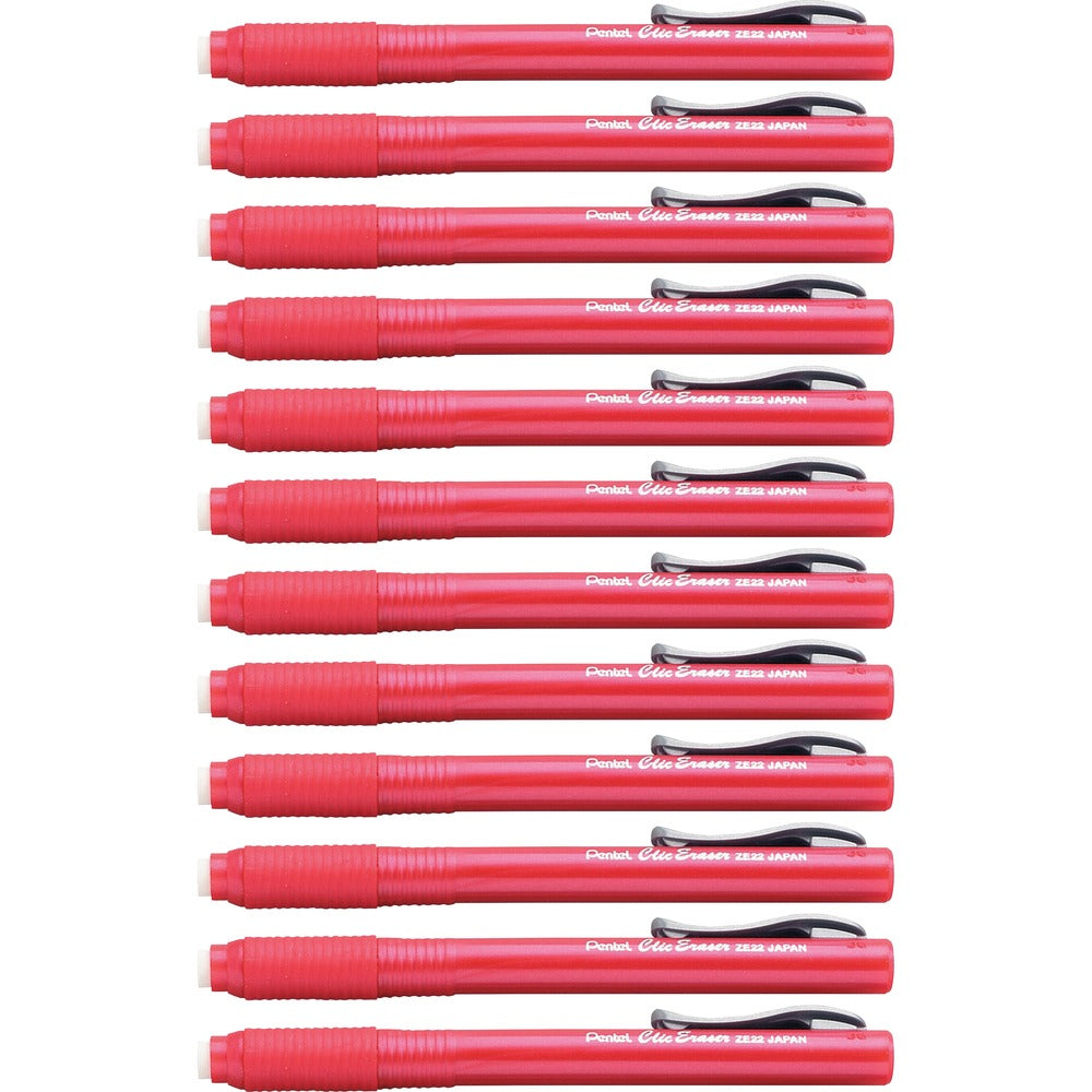 Image of Pentel Clic Erasers, Retractable,Pocket Clip,12/BX, Red Barrel
