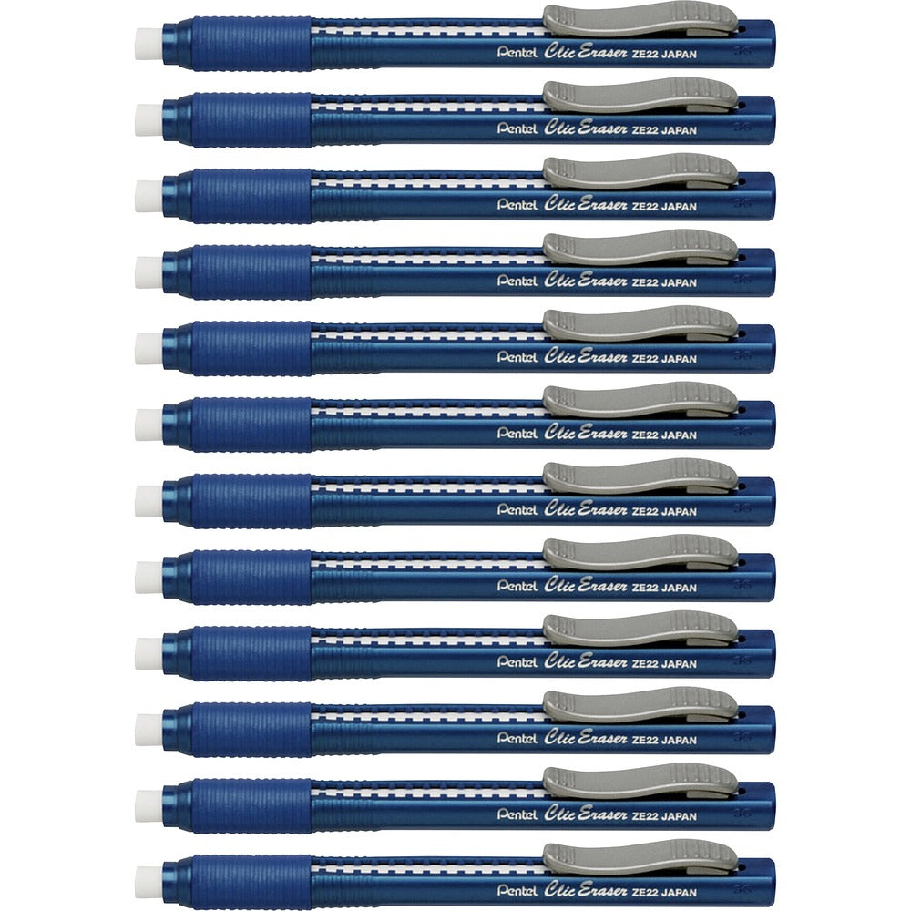 Image of Pentel Clic Erasers, Retractable,Pocket Clip, 12/BX, Blue Barrel