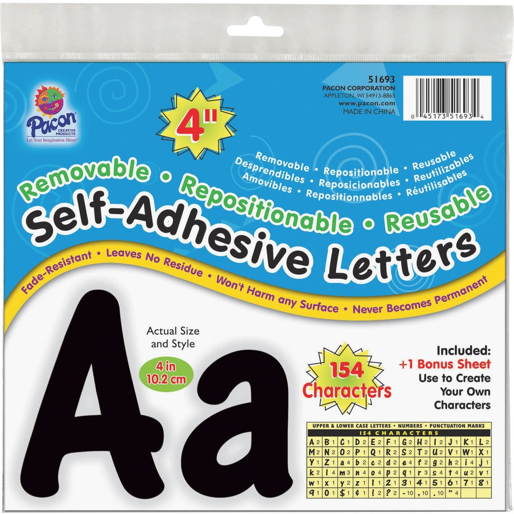 Image of Pacon Self-Adhesive Letters, Repositionable, 4", 154/PK, Black