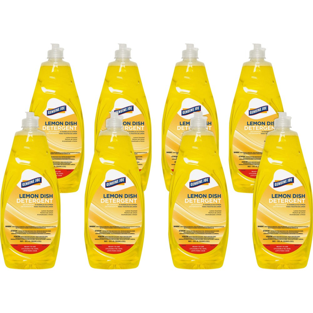 Image of Genuine Joe Dish Detergent, Pot & Pan, Conc, Lemon, 38 oz, 8/CT, Yellow