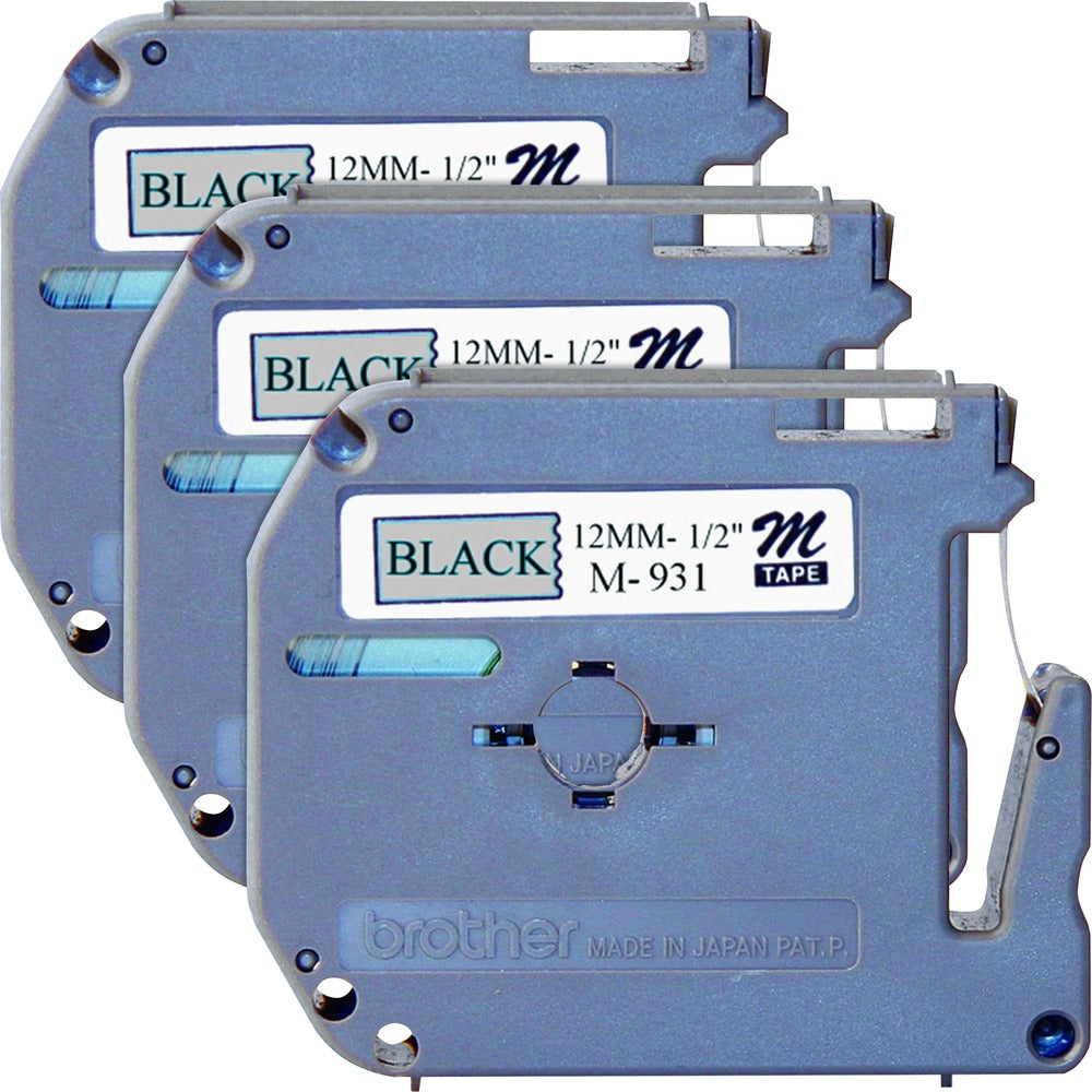 Image of Brother Labeling Tape, Nonlaminated, 1/2" Size, 3/BD, Black/Silver