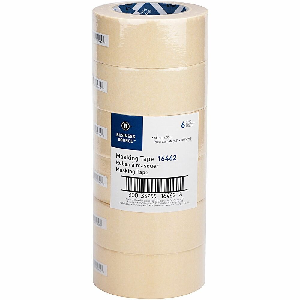 Image of Business Source Masking Tape, 3" Core, 2"x60 Yds, 6 Rolls/PK, Natural Kraft