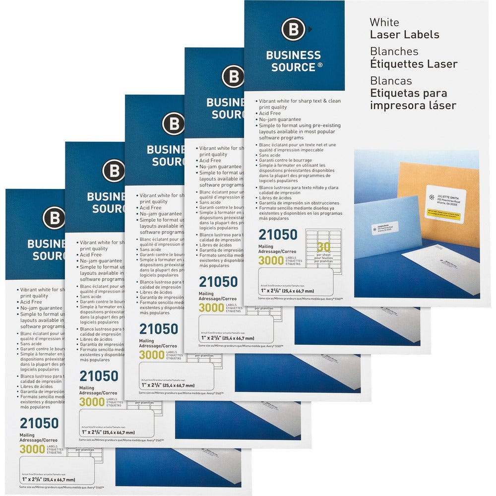 Image of Business Source Mailing Labels, Laser/Inkjet, 1"x2-5/8",3000/PK,5PK/CT,WE