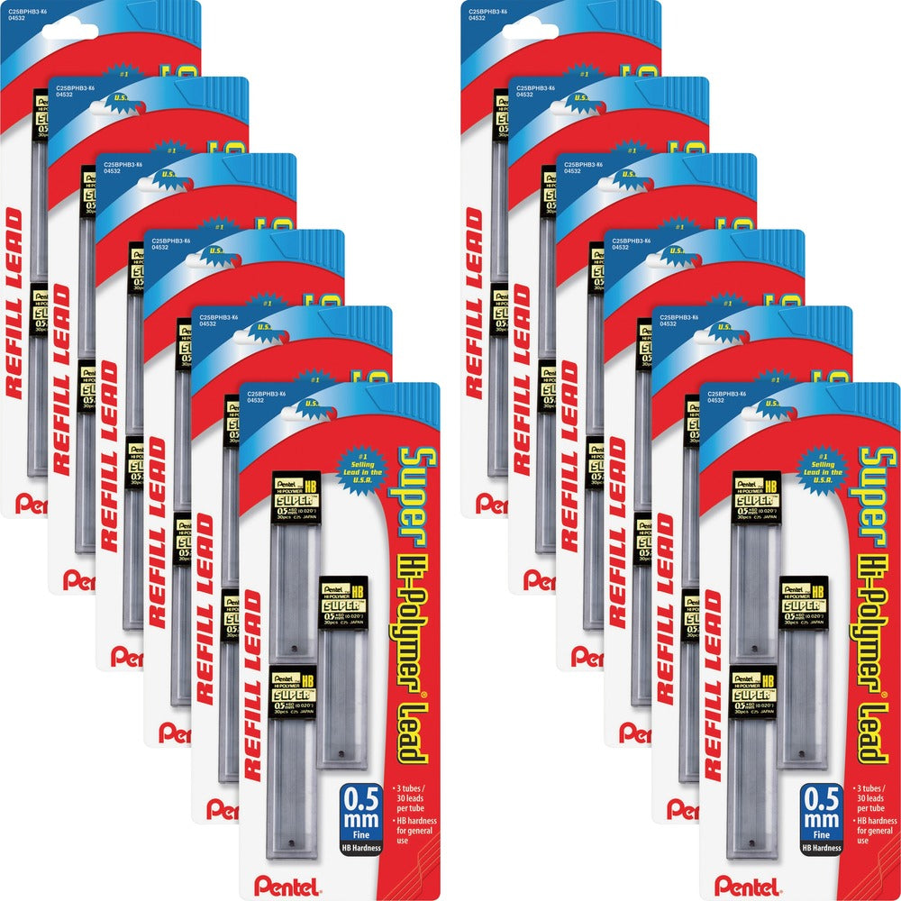 Image of Pentel Hi-Polymer Lead, 0.5 mm, HB, Fine,30/TB,3TB/PK,12PK/BX, BK