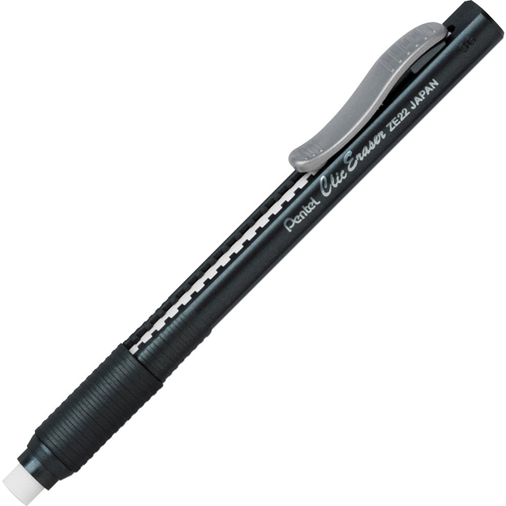 Image of Pentel Clic Erasers, Retractable, Pocket Clip, 12/BX, Black Barrel