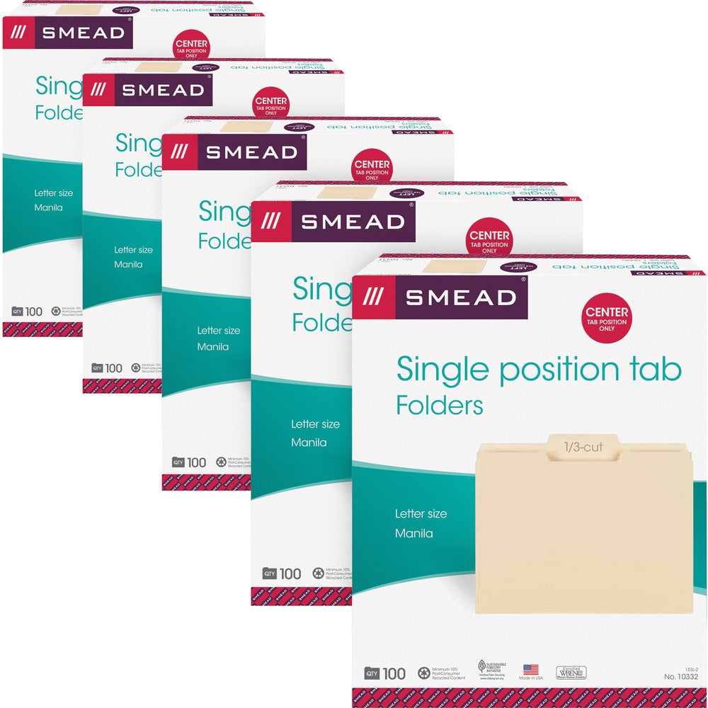 Image of Smead File Folders,1/3 Center Tab Cut,1 Ply,Ltr,100/BX,5BX/CT,MLA