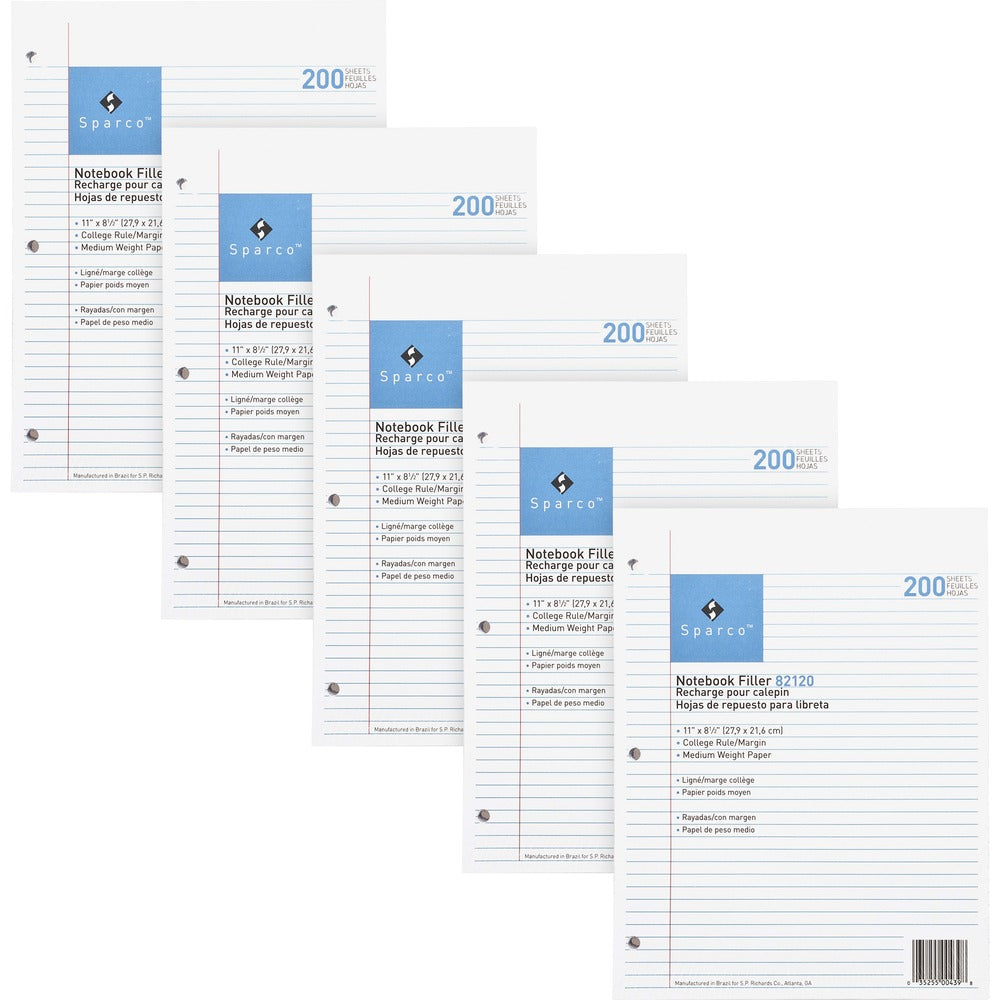 Image of Sparco Filler Paper,3-HP,College Ruled,11"x8-1/2",1000/BD,White