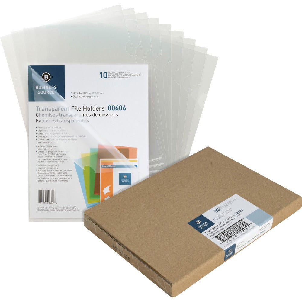 Image of Business Source File Holders, Poly, Transparent, 11"x8-1/2",10/PK,5PK/BX,CL