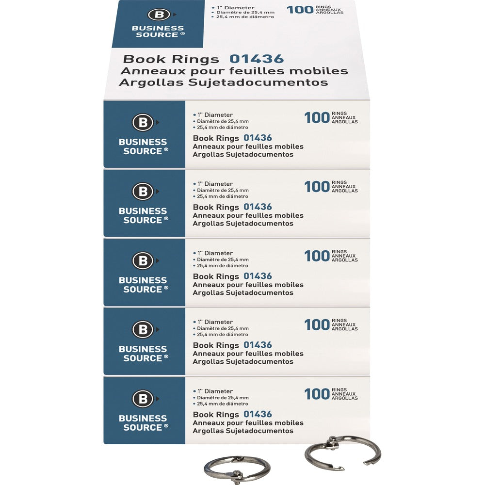 Image of Business Source Book Rings, 1" Diameter, 100/BX,5BX/BD, Silver
