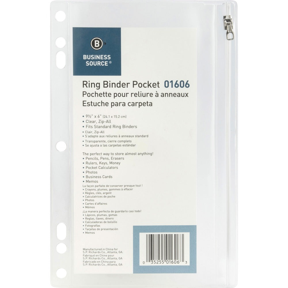 Image of Business Source Ring Binder Pocket,w/Zipper,Plastic,7HP,9-1/2"x6",Clear