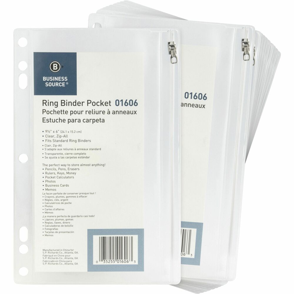 Image of Business Source Ring Binder Pockets,w/Zipper,Plastic,7HP,9-1/2"x6",24/BX,CL