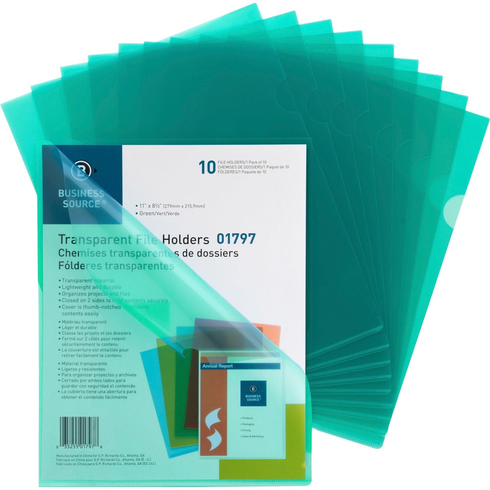 Image of Business Source File Holders, Poly, Transparent, 11"x8-1/2", 10/PK, Green