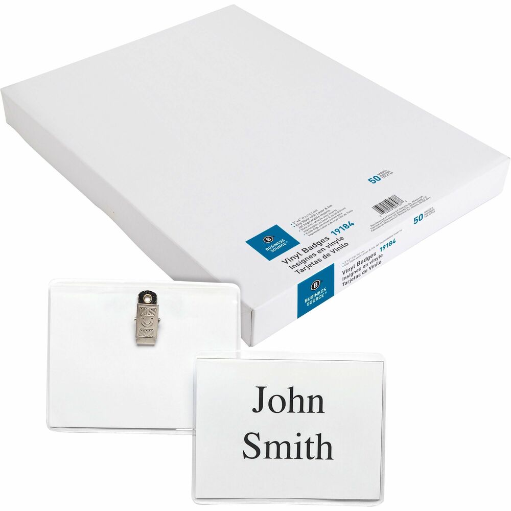Image of Business Source Name Badge Kit,Top-Loading,w/Clip,3"x4",50/BX,Clear