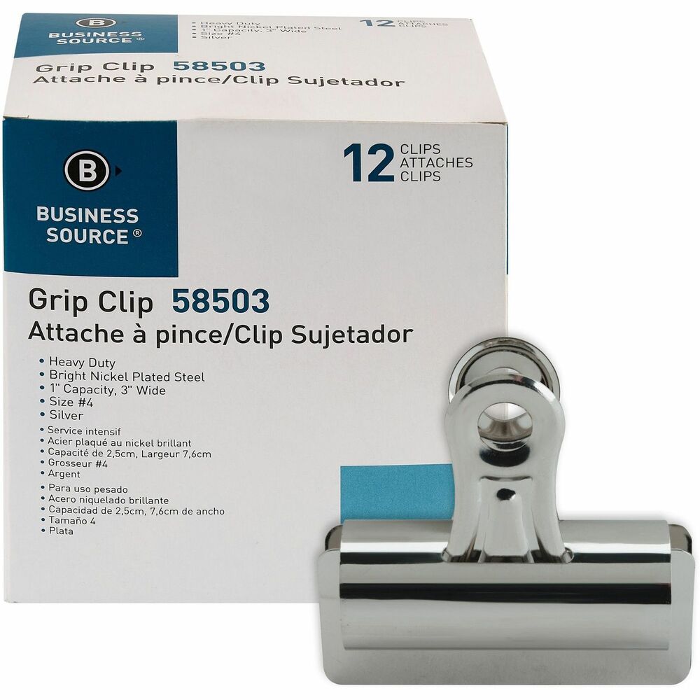 Image of Business Source Bulldog Clips, 1" Cap, Size 4, 3"W, 12/BX, Silver