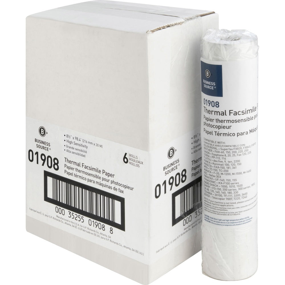 Image of Business Source Fax Paper, 1/2" Core, "H" Sensitivity, 8-1/2"x98', 6/CT, WE