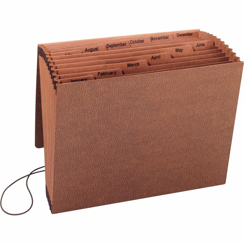 Image of Business Source Accordion File,w/Flap,Jan-Dec,12 Pocket,Letter,12"x10",Brown