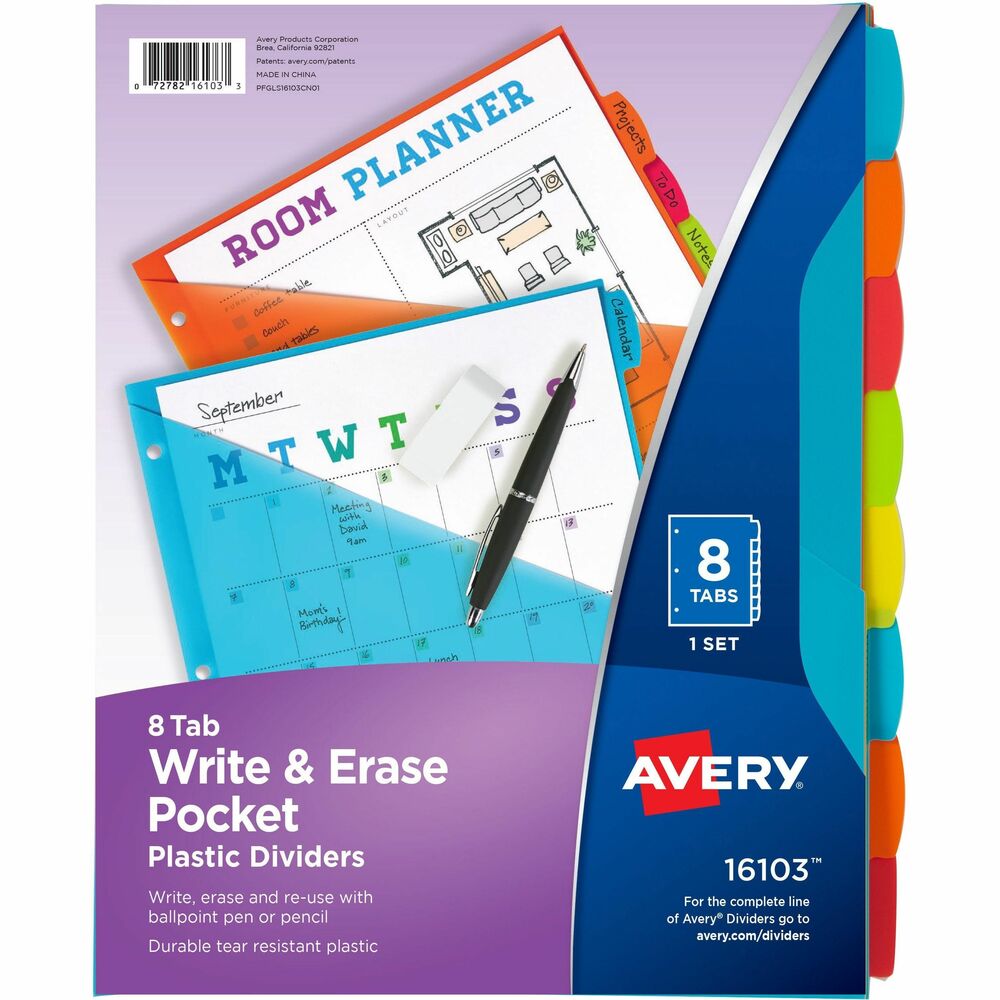 Image of Avery Write-On Dividers w/Pocket,8-Tab,9-1/4"x11-1/8",Bright AST