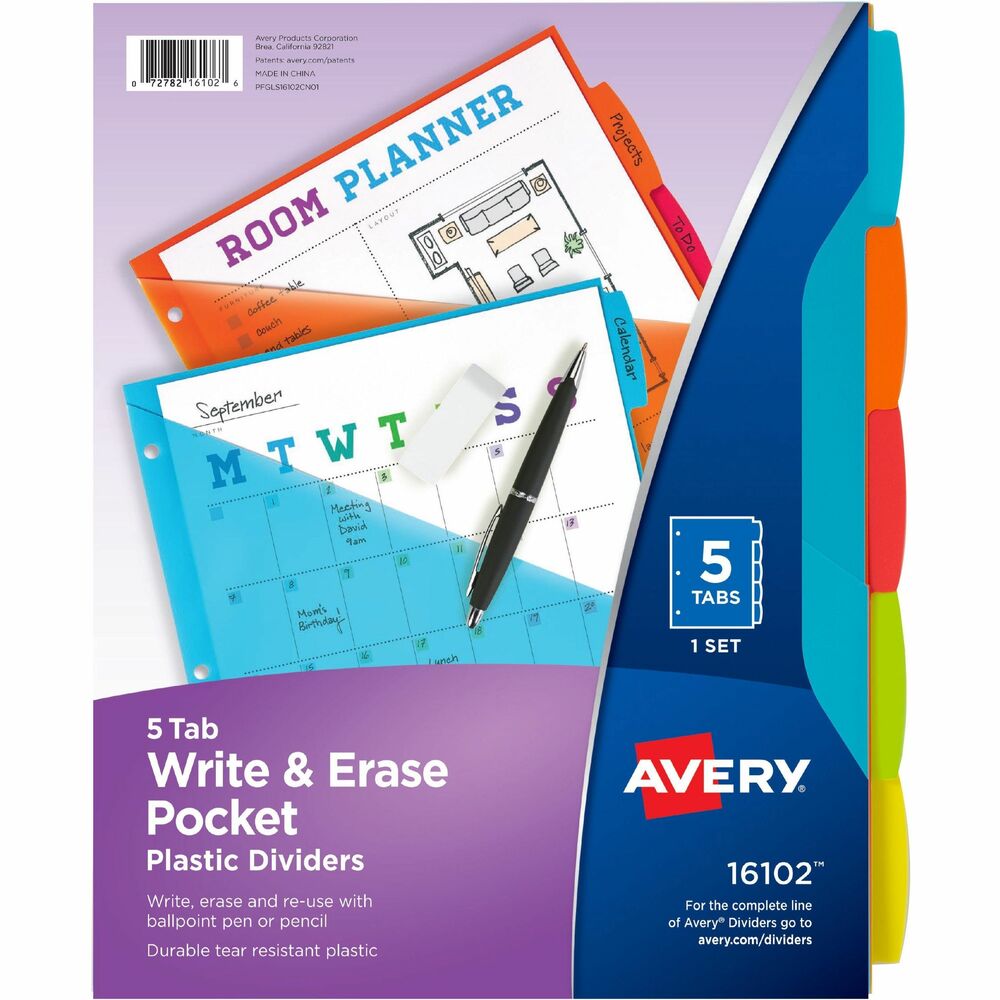 Image of Avery Write-On Dividers w/Pocket,5-Tab,9-1/4"x11-1/8",Bright AST