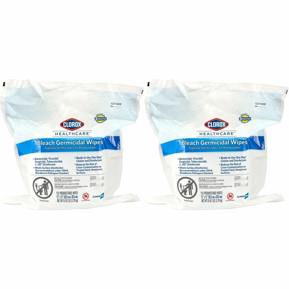Image of Clorox Company Germicidal Wipes, w/Bleach, 110/PK, 2PK/CT,50CT/BD, WE