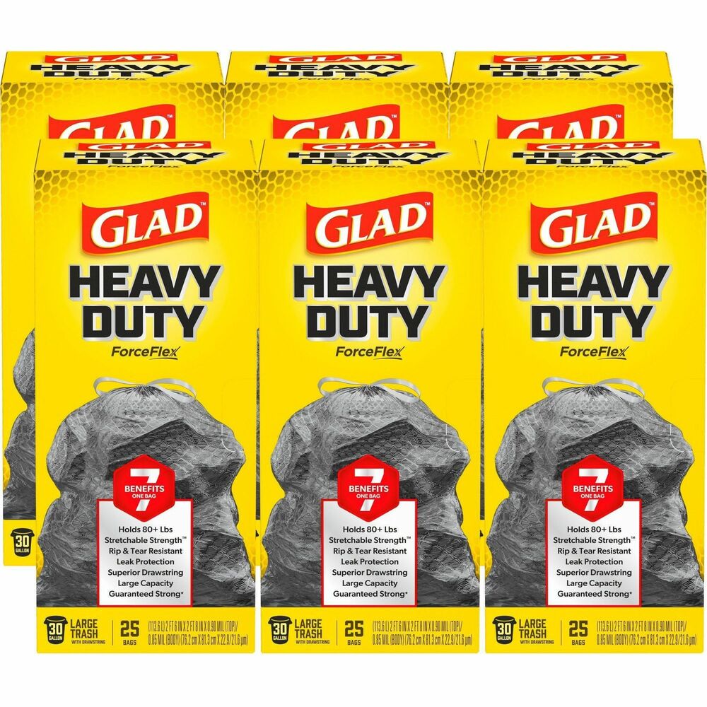 Image of Clorox Company Trash Bags, Drawstring, 30 Gal, 25 Bags/Box, 6 BX/CT, BK