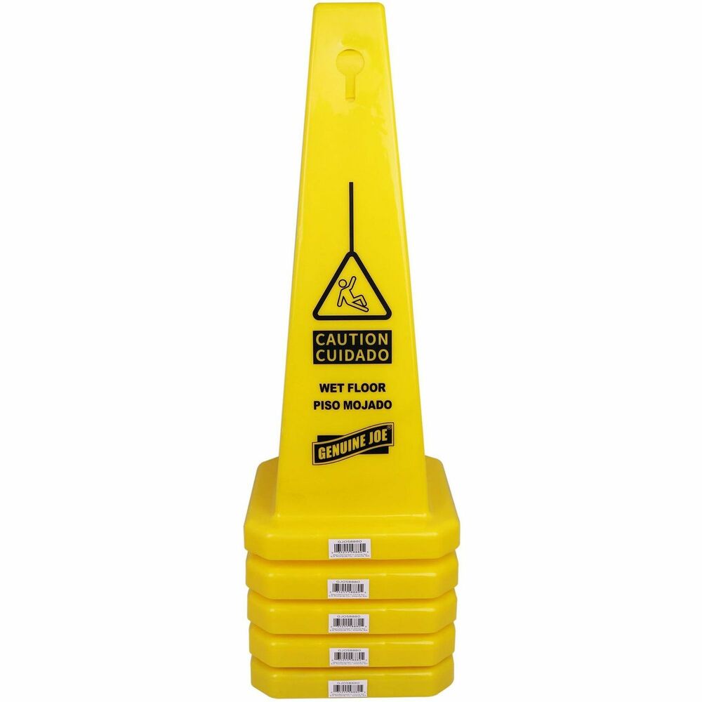 Image of Genuine Joe Caution Safety Cone,Spanish/Engl,4-Sided,10"x10"x24",5/CT,YW