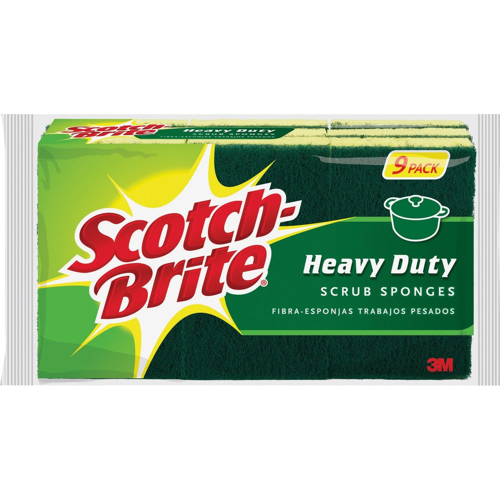 Image of 3M Scrub Sponges, Hvy-Duty, 4-1/2"x2-3/4", 9/PK, 5PK/CT, YW/GN