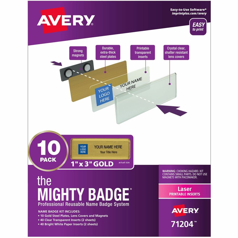 Image of Avery Badge Kit, Magnetic, Laser, Reusable, 1"x3", 10/PK, Gold