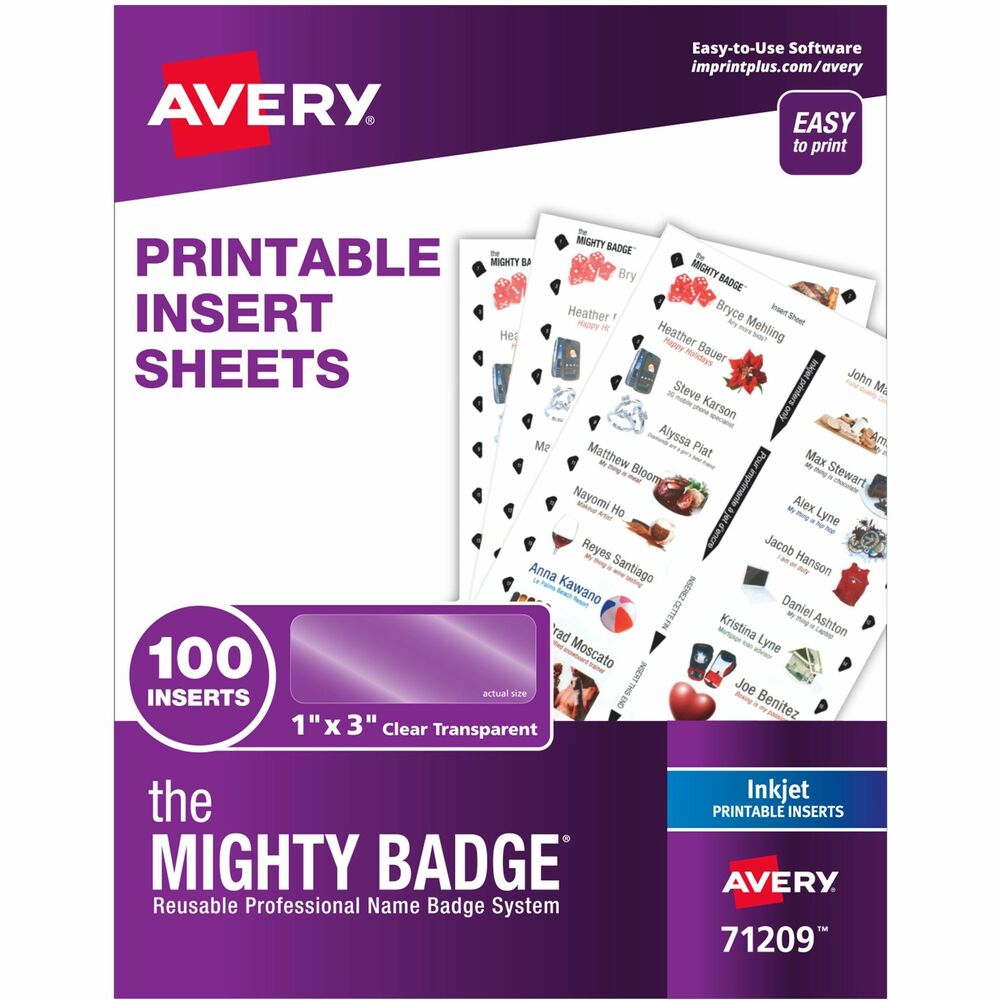 Image of Avery Inserts, f/Mighty Badges, Inkjet, 1"x3", 100/PK, Clear