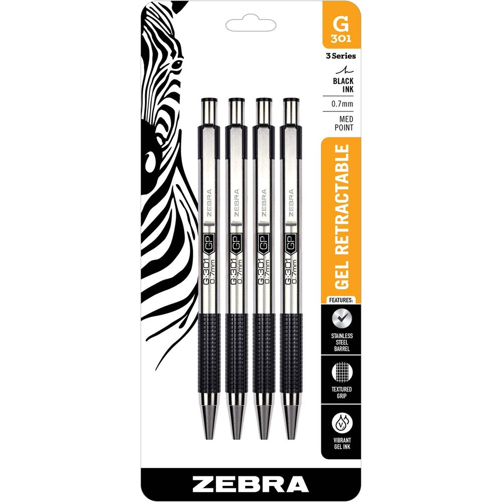 Image of Zebra Gel Pen, 0.7mm Point, 4/PK, Black