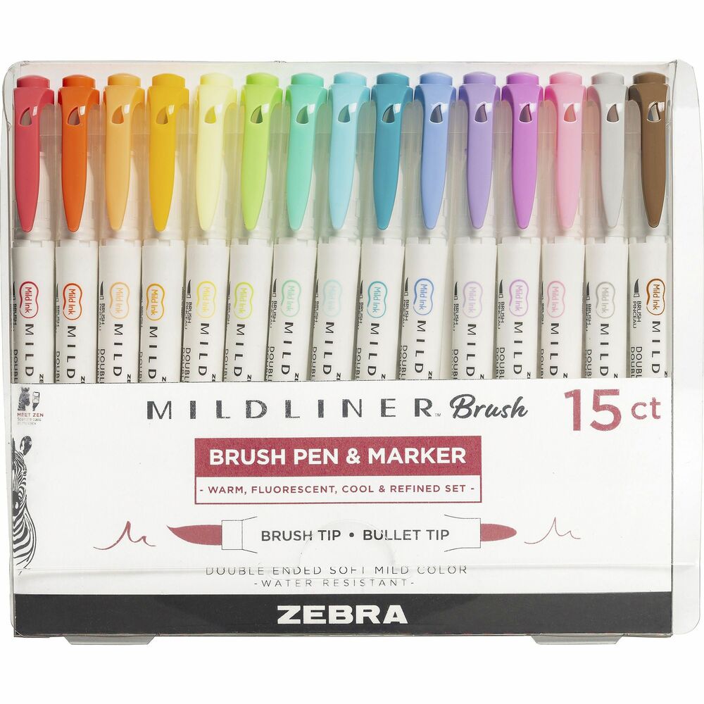 Image of Zebra Brush Pen and Marker, 1/2"x1/2"x5-1/2", 15/PK, Assorted