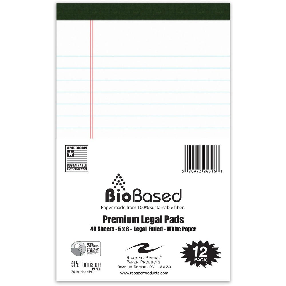 Image of Roaring Spring Paper Products Legal Pad, 20 lb, 40-Sheet, Legal, 5"x8", 12/PK, White
