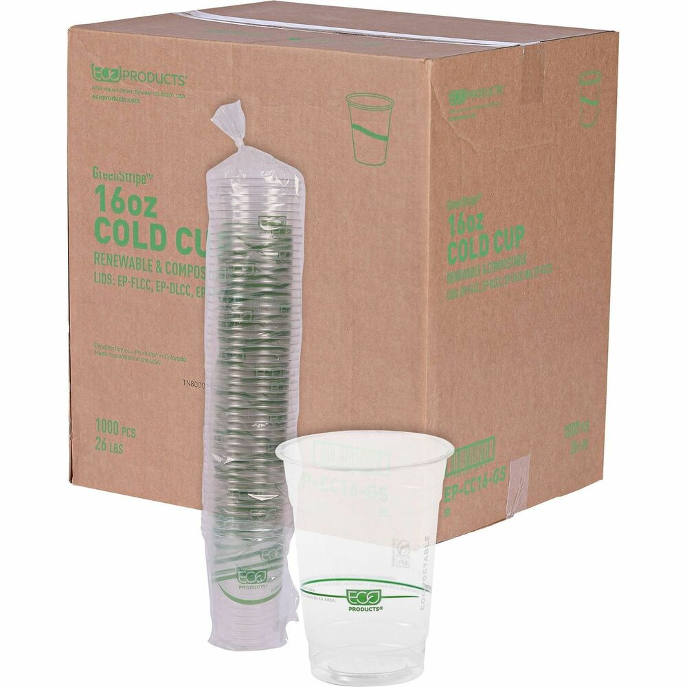 Image of Eco-Products Cold Cup, Eco Friendly,16oz, 1000/CT, Clear/GreenStripe