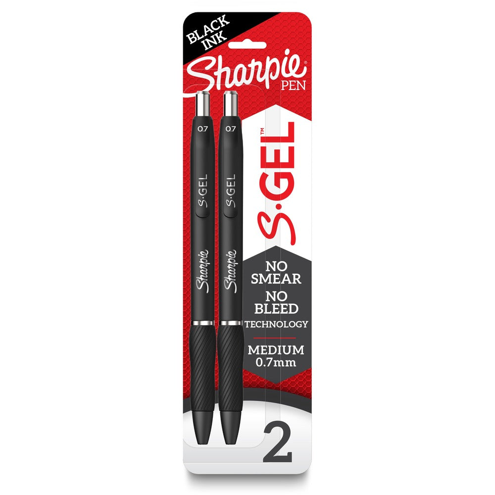 Image of Newell Brands Sharpie Pen, Gel, 0.7mm, 2/PK, Black Ink/Black Barrel