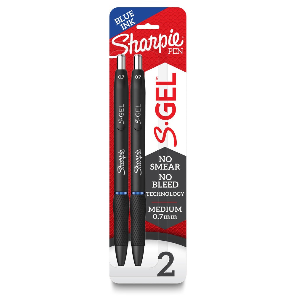 Image of Newell Brands Sharpie Pen, Gel, 0.7mm, 2/PK, Blue Ink/Black Barrel