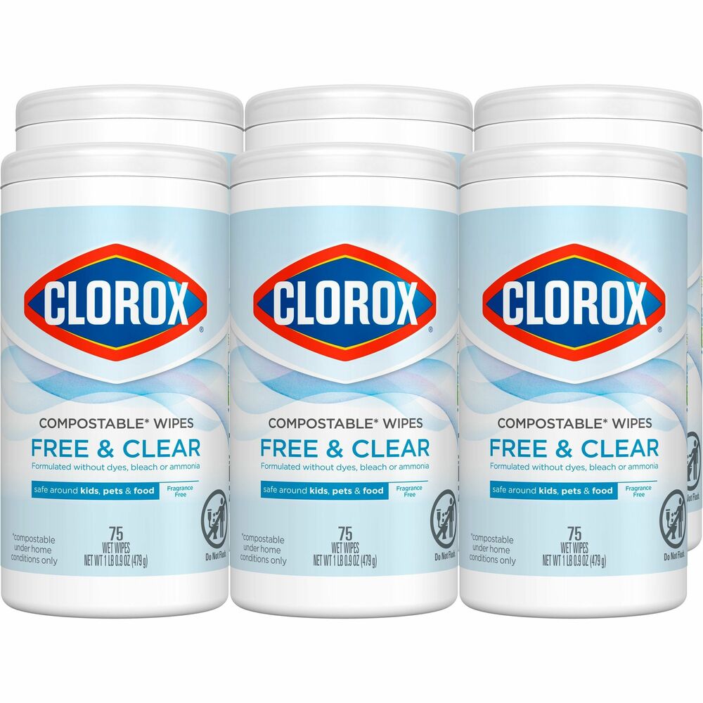 Image of Clorox Company Wipes,Free&Clear,75 Wipes/Tub,4-1/4"x4-1/4"x8-3/10",6/CT,WE