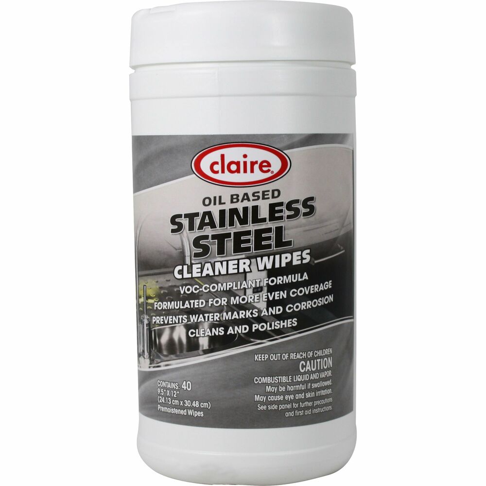 Image of Claire Manufacturing Co Wipes,f/Stainless Steel,CitrusScent,9-1/2"x12",Tub, 40 Wipes