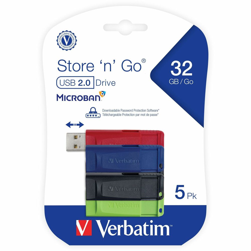 Image of Verbatim Flash Drive, USB 2.0/USB-A, Store 'n' Go, 32GB, 5/PK, AST