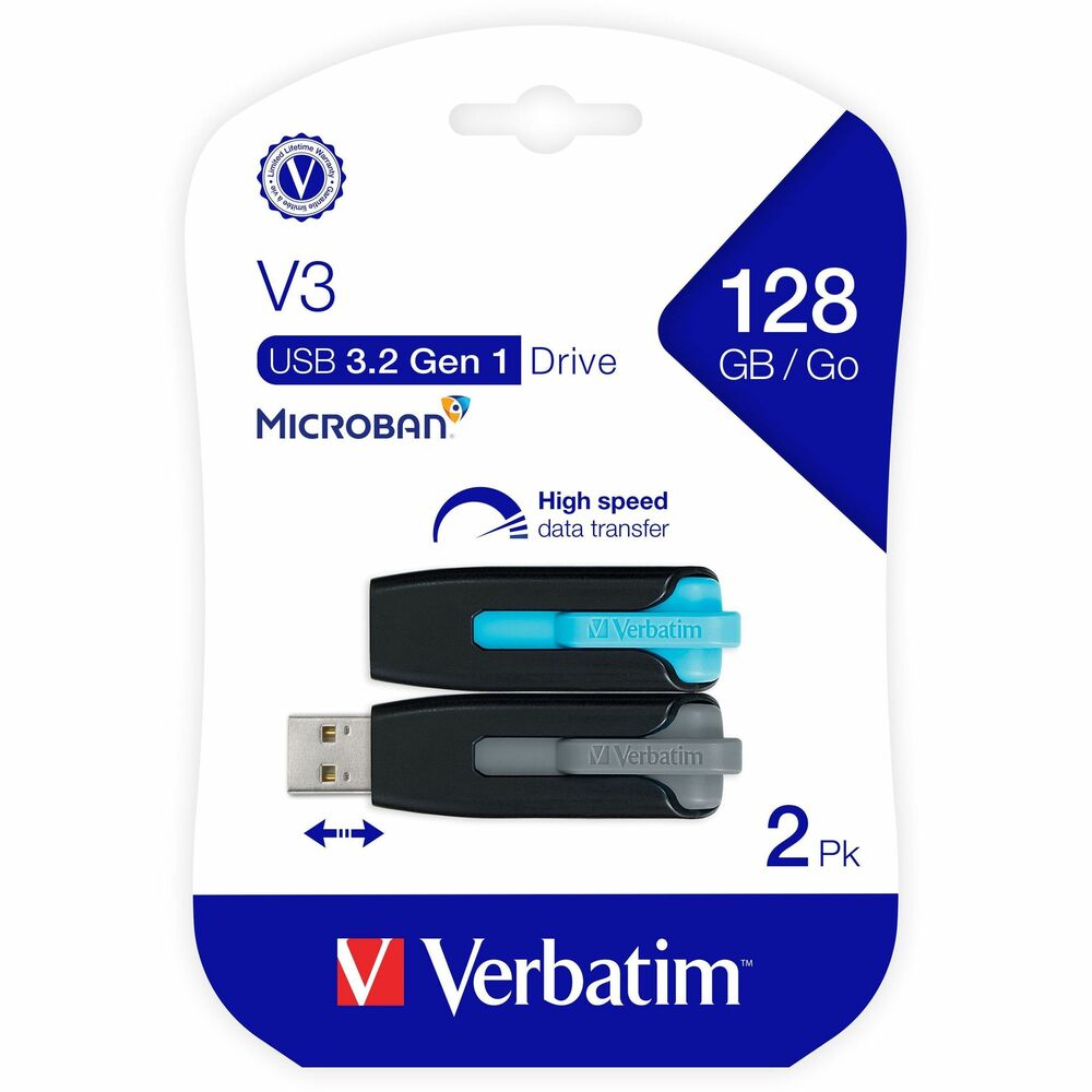 Image of Verbatim Flash Drive,USB 3.2 Gen 1,V3,128GB,Store 'n' Go,2/PK,BE/GY