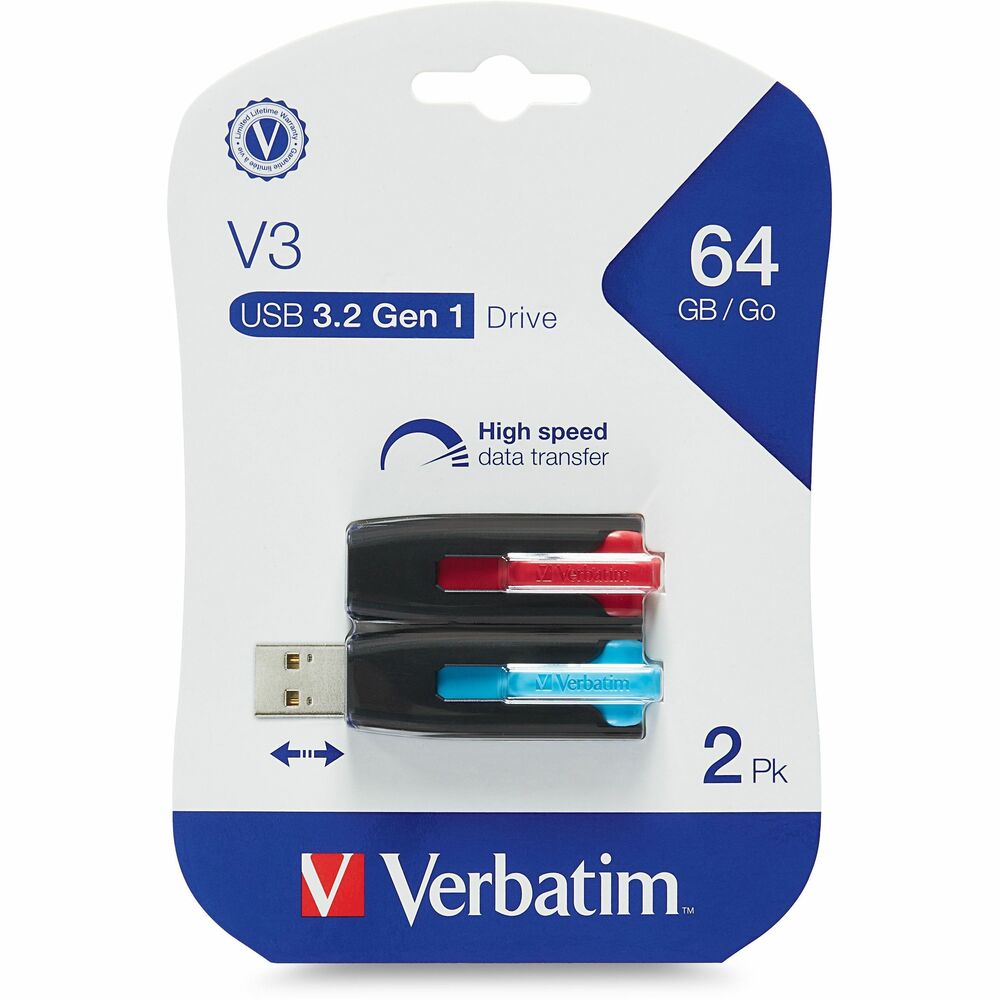 Image of Verbatim Flash Drive, USB 3.0, V3, Store 'n' Go, 64GB,2/PK,RD/BE