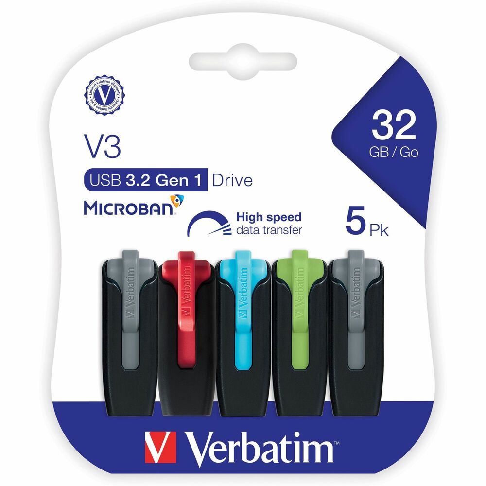 Image of Verbatim Flash Drive,USB 3.2 Gen 1,V3,32GB,Store 'n' Go,5/PK,AST