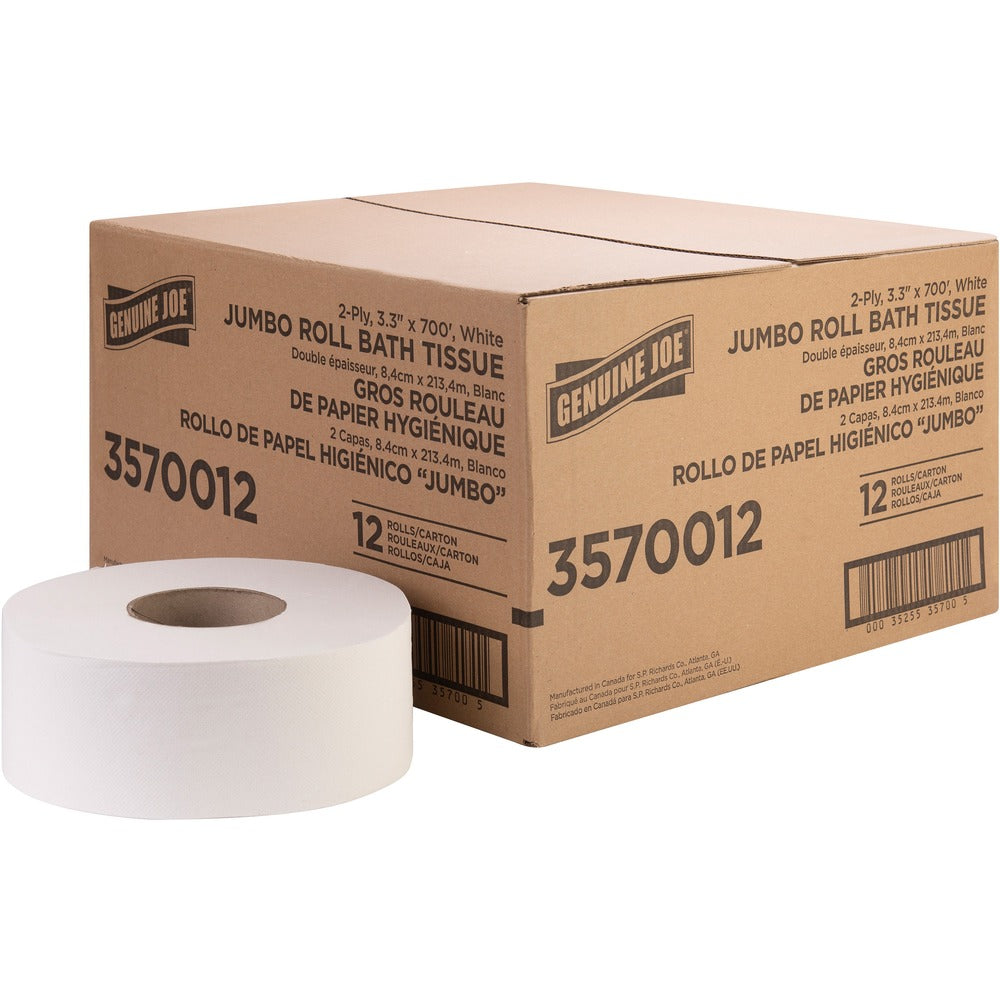 Image of Genuine Joe Bath Tissue Roll,Jumbo,2-Ply,3.3"x700',8.88"Dia,12/CT,WE