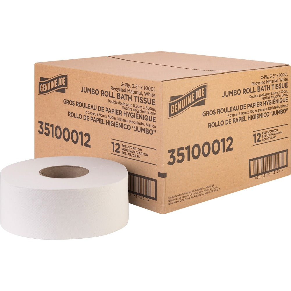 Image of Genuine Joe Bath Tissue Roll,Jumbo,2-Ply,3.5"x1000',8.88"Dia,12/CT, WE