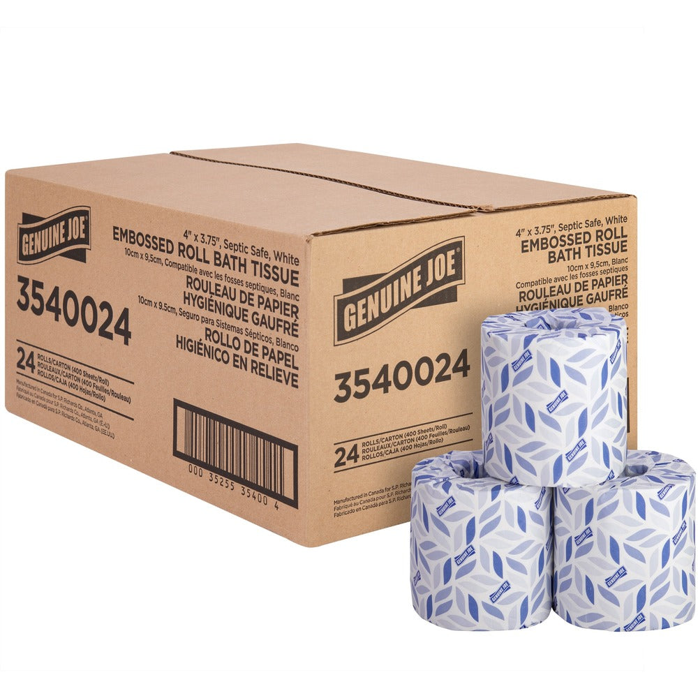 Image of Genuine Joe Bathroom Tissue, 2-Ply, 400Shts/RL, 4"x3-3/4", 24/CT, WE