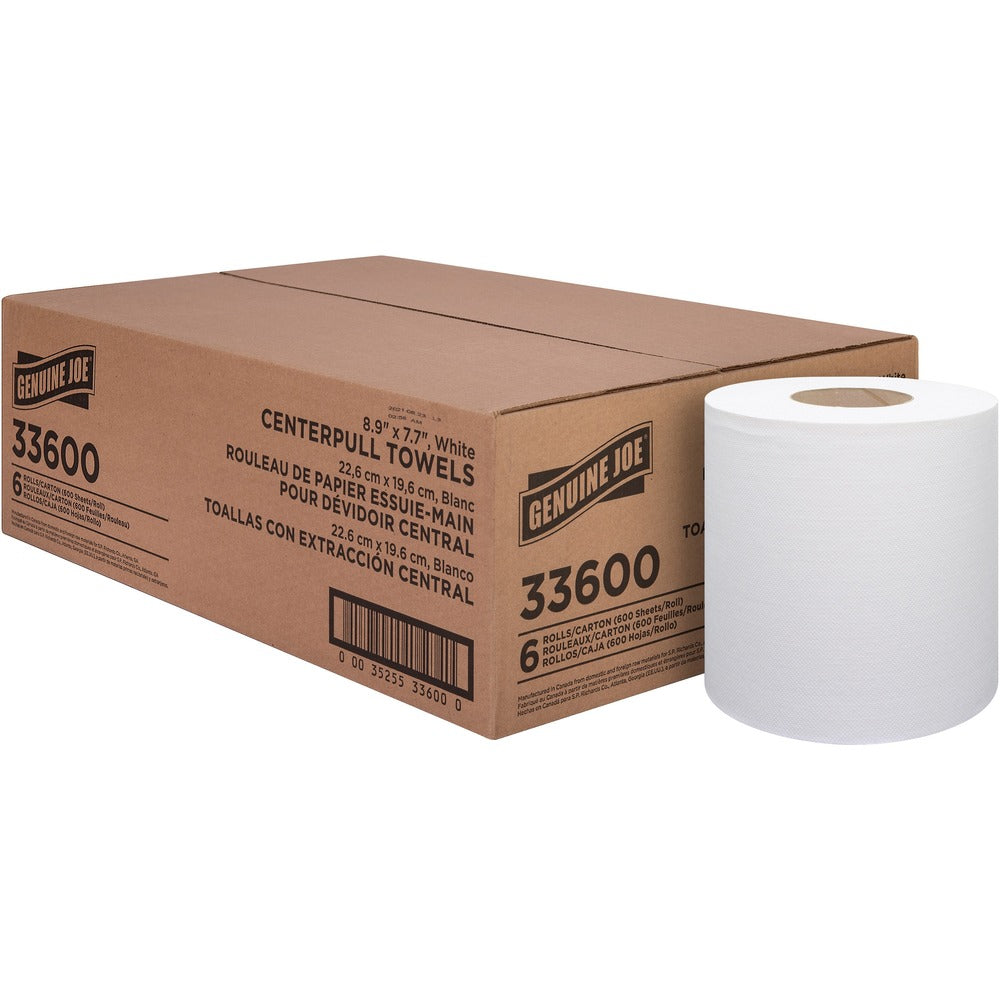 Image of Genuine Joe Centerpull Towel Rolls,7.65"x8.9",600Sht/RL,6RL/CT,White