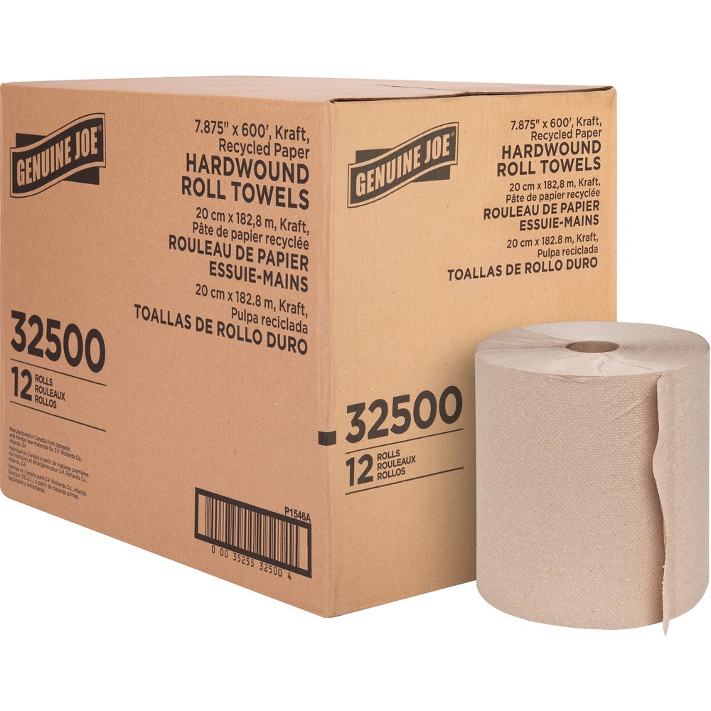 Image of Genuine Joe Hardwound Roll Towels,2"Core,7/7/8"x600',12RL/CT,Natural