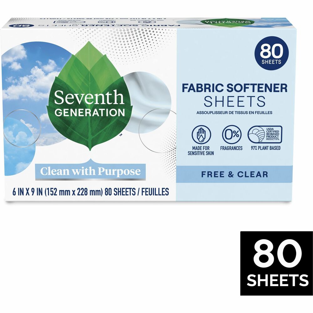 Image of Seventh Generation Laundry Dryer Sheets, Free&Clear, 80/BX, White