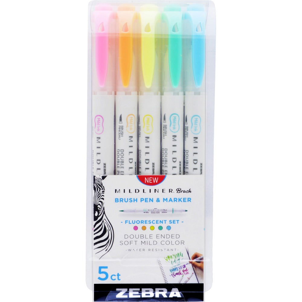 Image of Zebra Brush Pen and Marker, Fluorescent, 1/2"x7/10x5-3/5",5/PK,AST