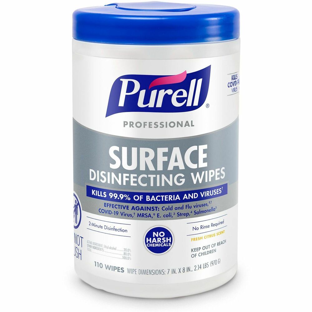 Image of Gojo Wipes,Disinfecting,f/Surfaces,No Rinse,7"x8",110/Tub,WE