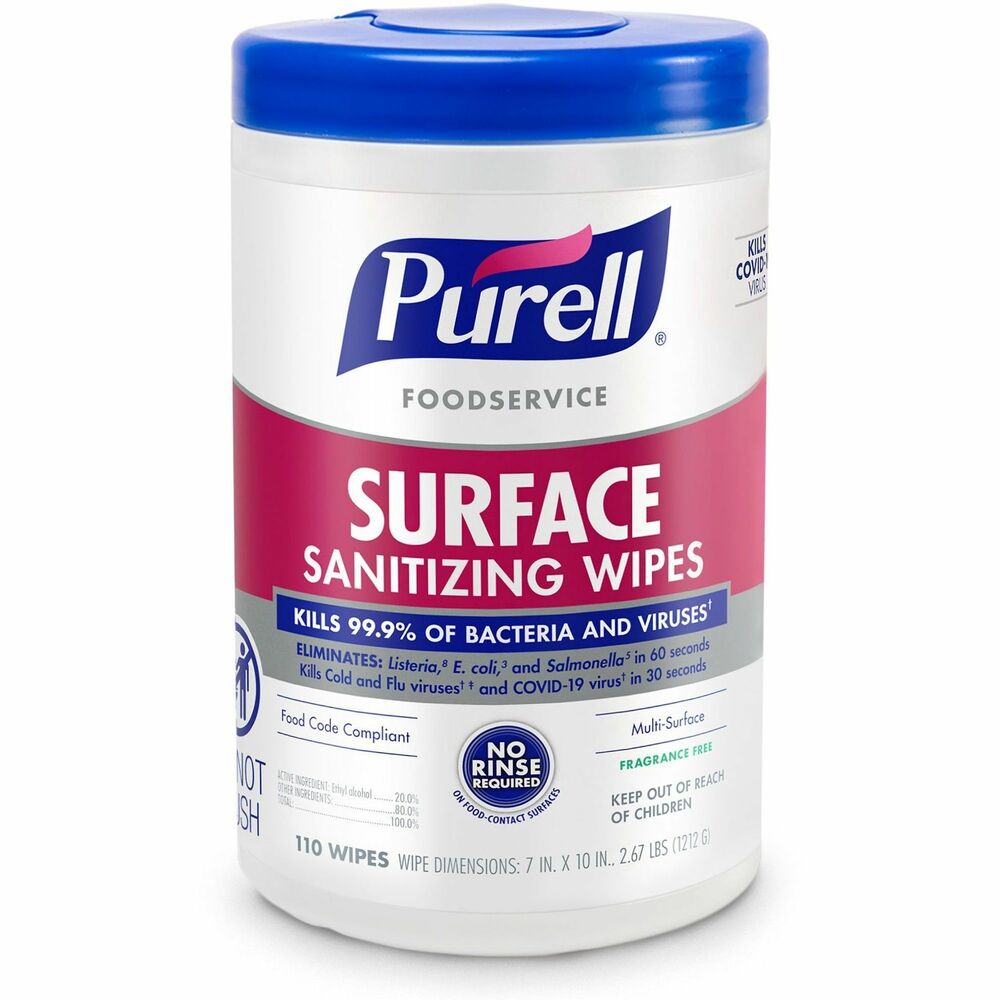 Image of Gojo Wipes,Sanitizing,f/Surfaces,No Rinse,7"x10",110/Tub,WE