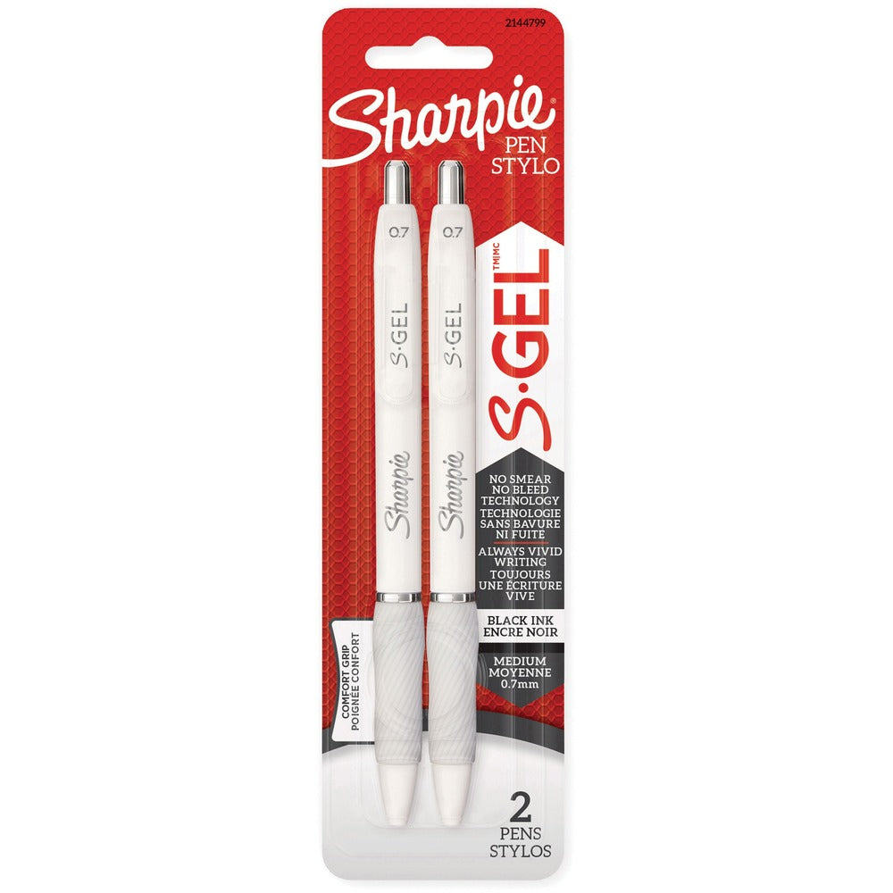 Image of Newell Brands Sharpie Pen, Gel, 0.7mm, 2/PK, Black Ink/White Barrel